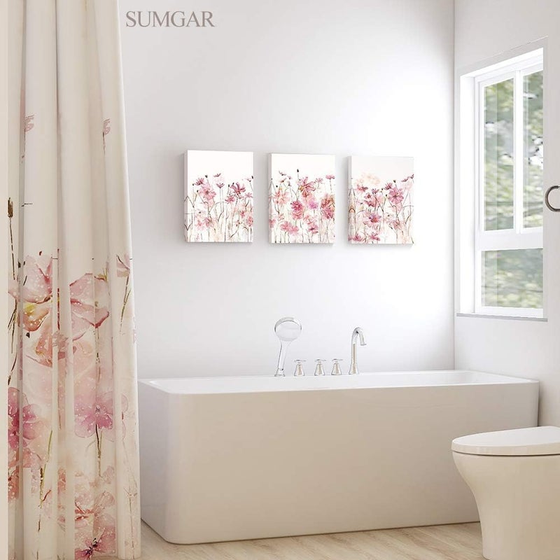 SUMGAR Pink Flower Wall Art Bedroom 3 Piece Romantic Floral Wildflower Plants Nature Scenery Canvas Watercolour Paintings, Red Bloom Pictures for Teen Girl Room Living Room, 12 x 16 inch - Image 4
